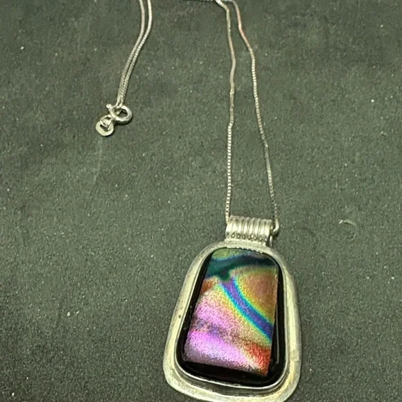 Vintage Sterling Silver Dichroic Iridescent Pendant with 925 Silver Chain - Picture 3 of 9